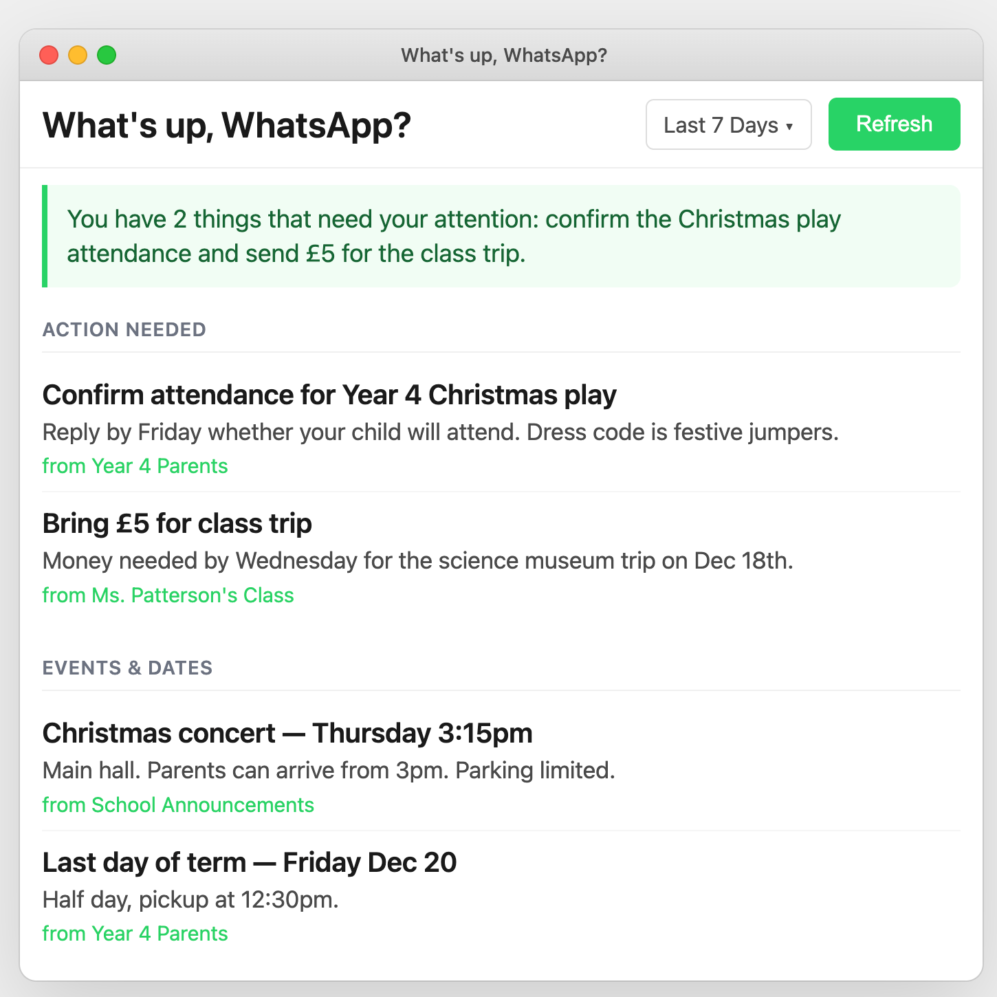 What's up, WhatsApp? dashboard showing action items, events, and topics